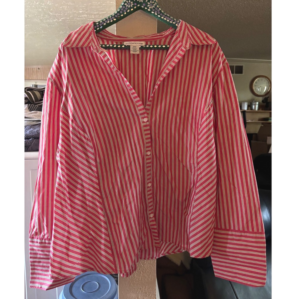 Evan-Picone Womens 24W Red White Striped Cotton Button Down Long Sleeve Shirt
